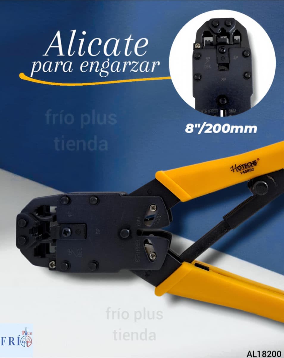 Alicate para Engarzar 8"/200mm Modular Para crimpar Conectores Modulares: 4P. 6P y 8P Acero al Carbono Mango de PVC (140802)
